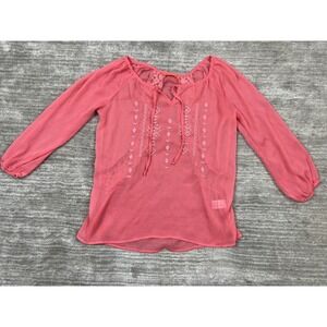 Spoiled Womens Top Medium Pink Boho Peasant Lace Sheer 3/4 Sleeve Tie